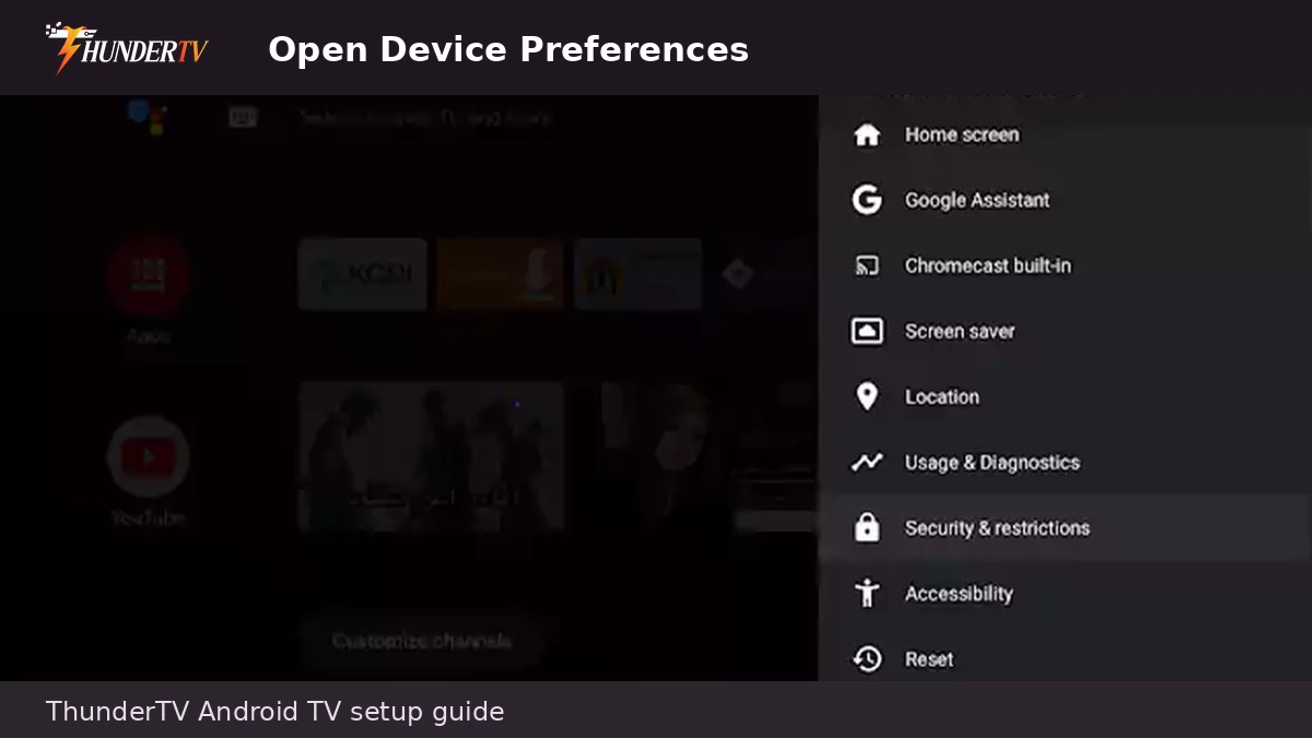 Android TV Device Preferences or System menu for ThunderTV IPTV setup