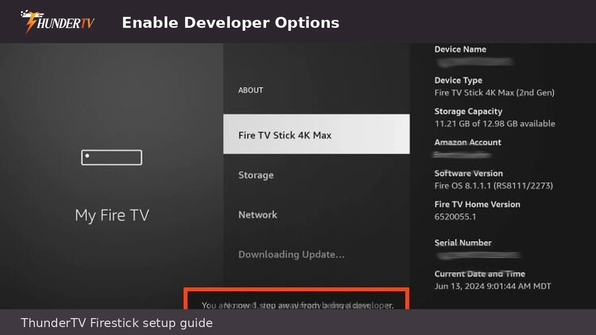 Firestick About screen for enabling Developer Options