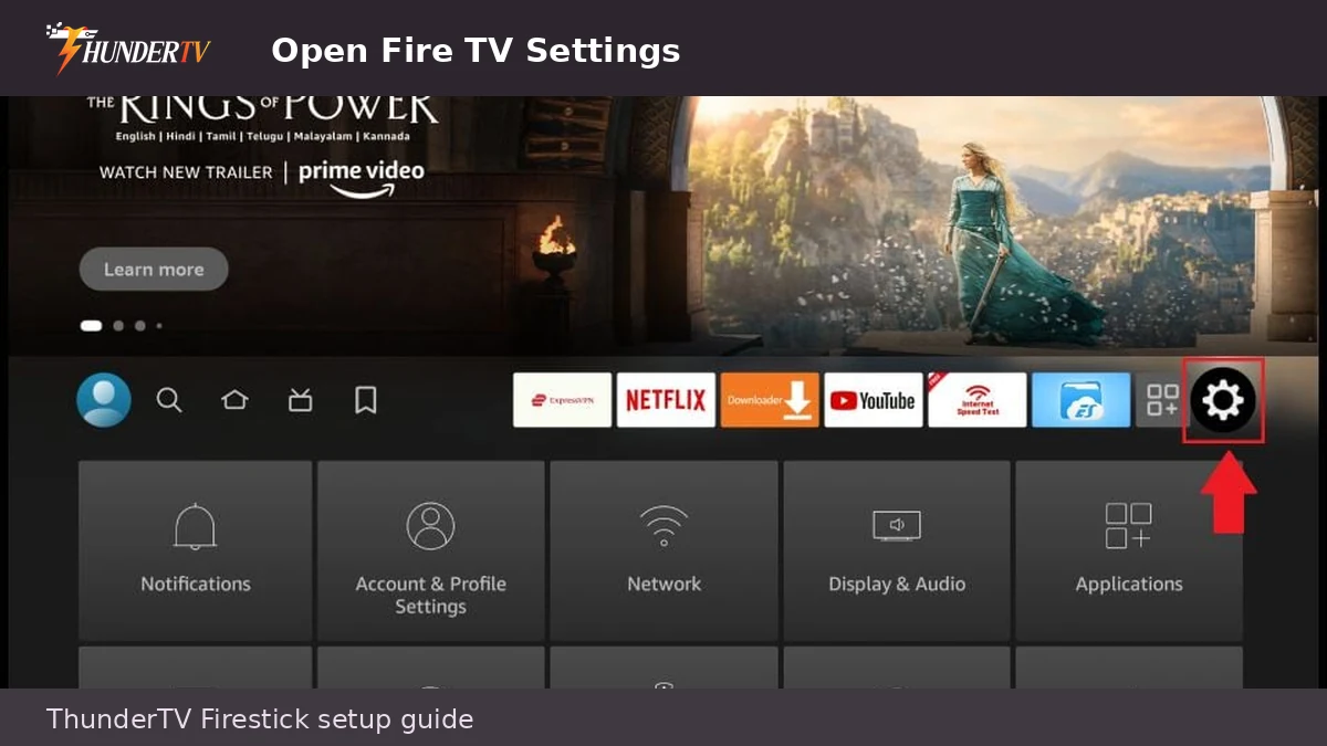 Firestick settings menu for ThunderTV IPTV setup