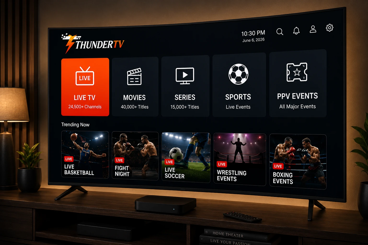 ThunderTV IPTV USA streaming setup on Smart TV with live TV movies sports and PPV